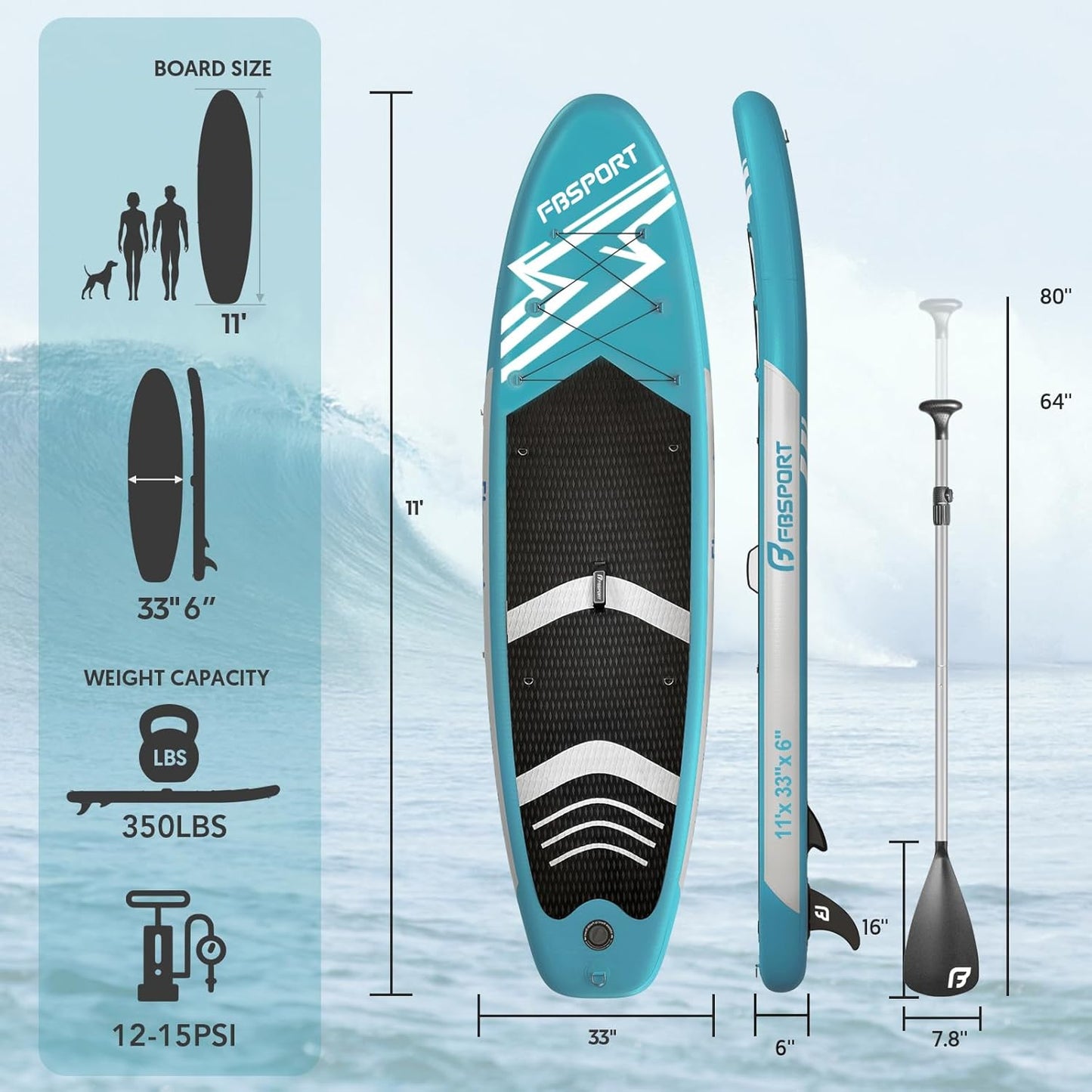 FBSPORT 11' Premium Stand Up Paddle Board, Yoga Board with Durable SUP Accessories & Carry Bag | Wide Stance, Surf Control, Non-Slip Deck, Leash, Paddle and Pump for Youth & Adult