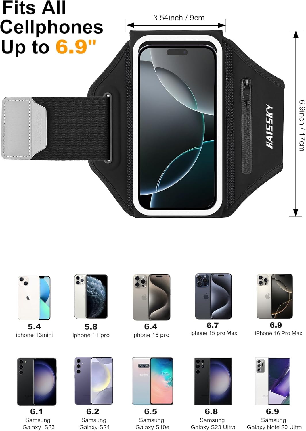 Running Armband with Earphone Bag Cell Phone Armband for iPhone 16 15 Pro 14 Plus 13 11 XR XS, Galaxy S24/S10 Water Resistant Sports Phone Holder Case & Zipper Slot Car Key Holder for 6.9 inch Phone