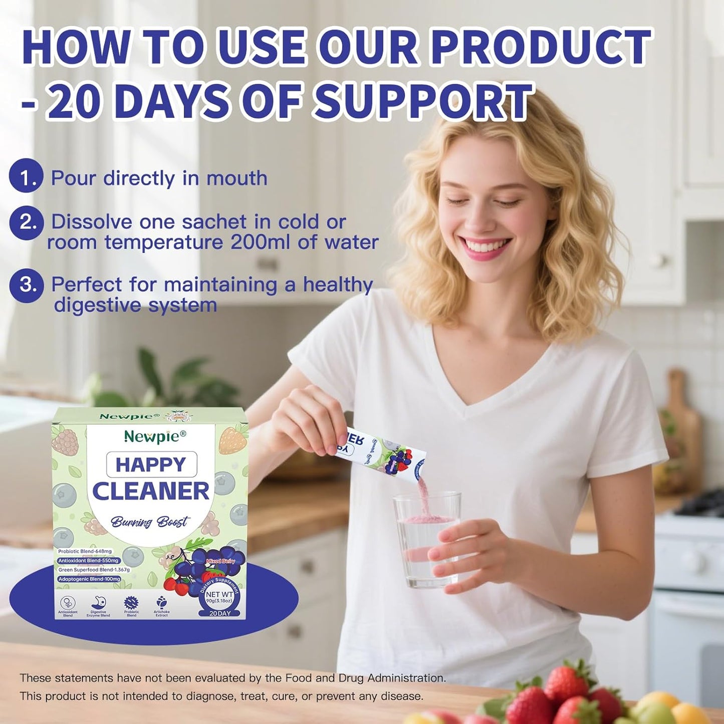 Newpie Superfoods Happy Cleaner Probiotic Powder,Watermelon Flavor Prebiotic & Probiotic Powder,Organic Fiber,Sugar Free,Gut Health,Natural Antioxidant for Women Men (20 Packet, Mixed Berry)