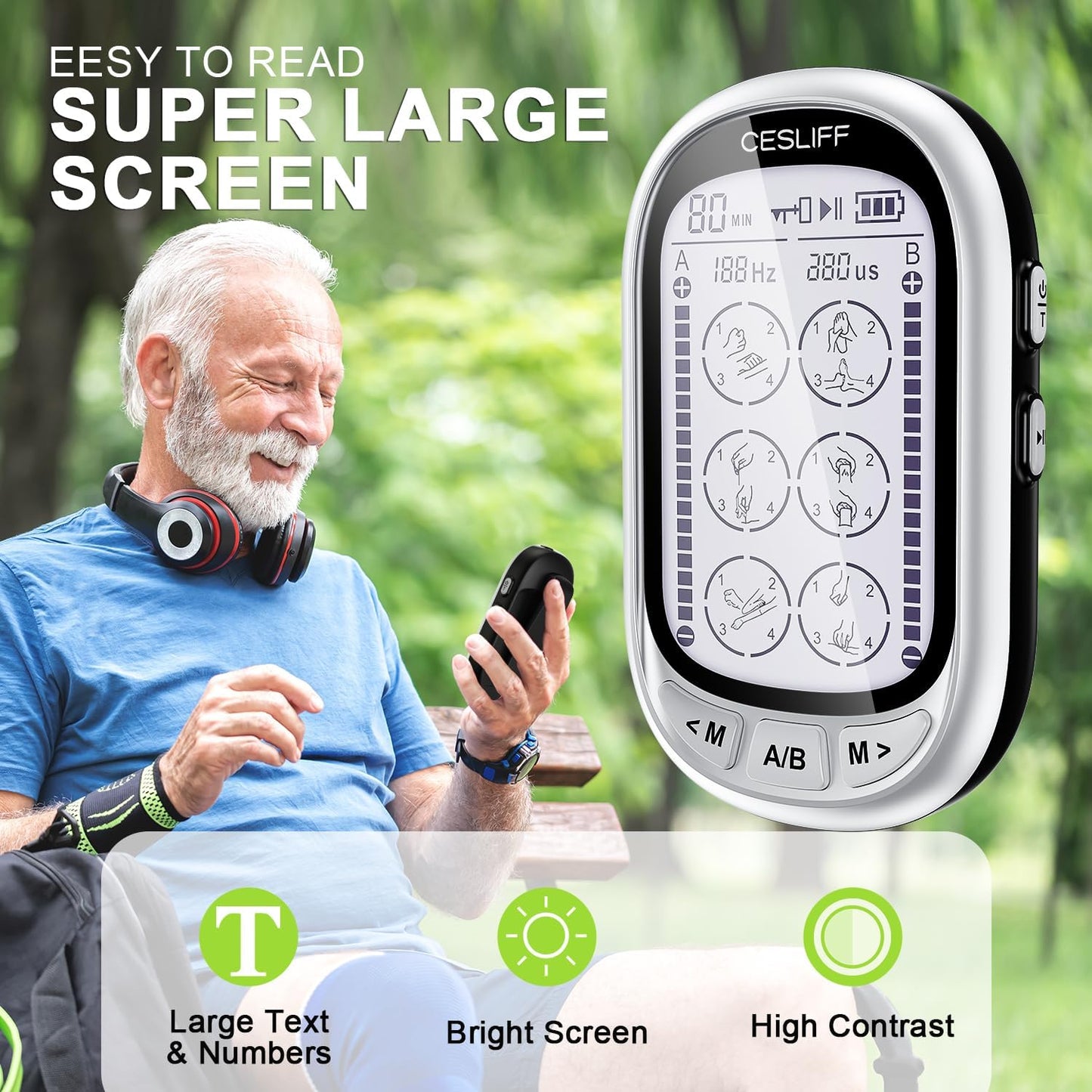 Dual Channel TENS EMS Unit Large Screen 24 Modes 36 Levels Intensity Muscle Stimulator, Rechargeable Electric Pulse Massager TENS Machine for Lower Back Neck Shoulder Pain Relief with 10 Pads