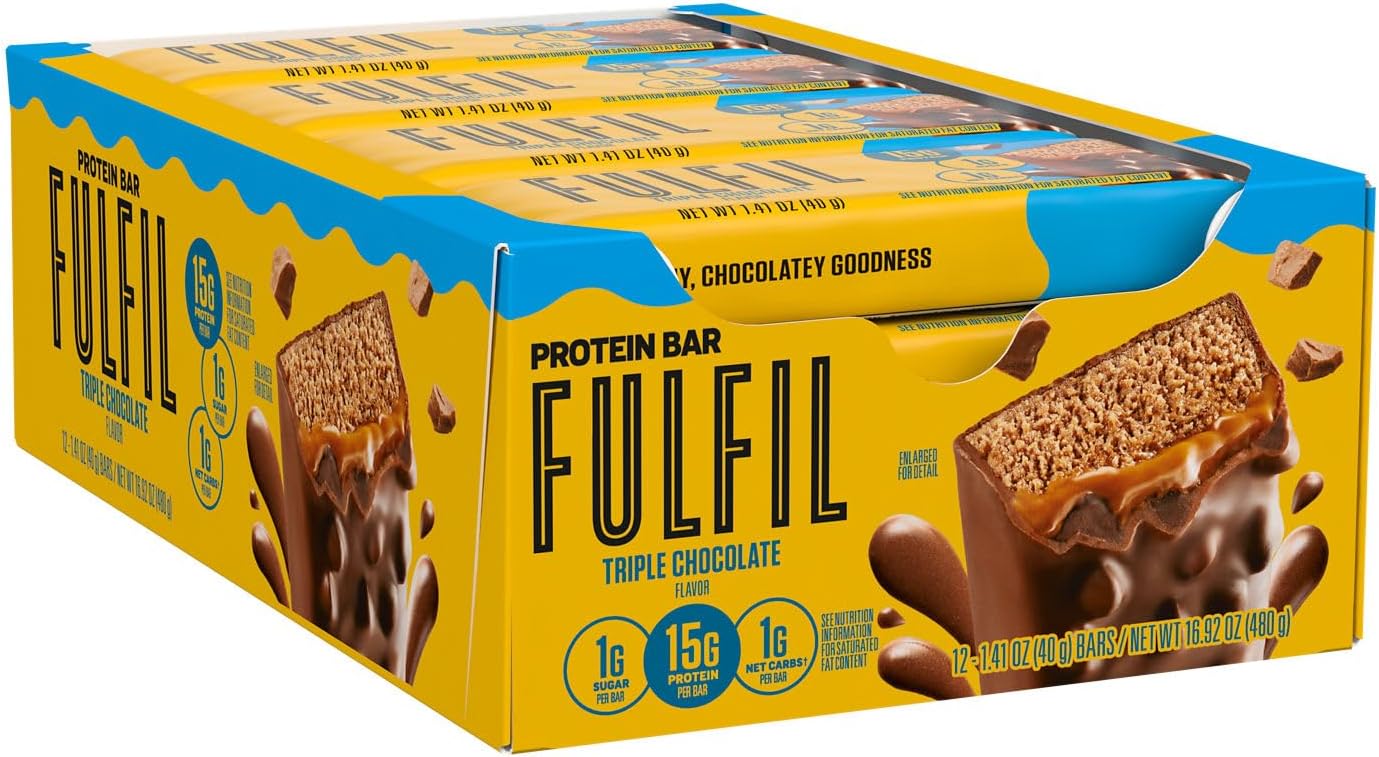 FULFIL Protein Snack Bars Flavored, Triple Chocolate, Gluten Free with 15g Protein, Pantry Staples, 12 Count
