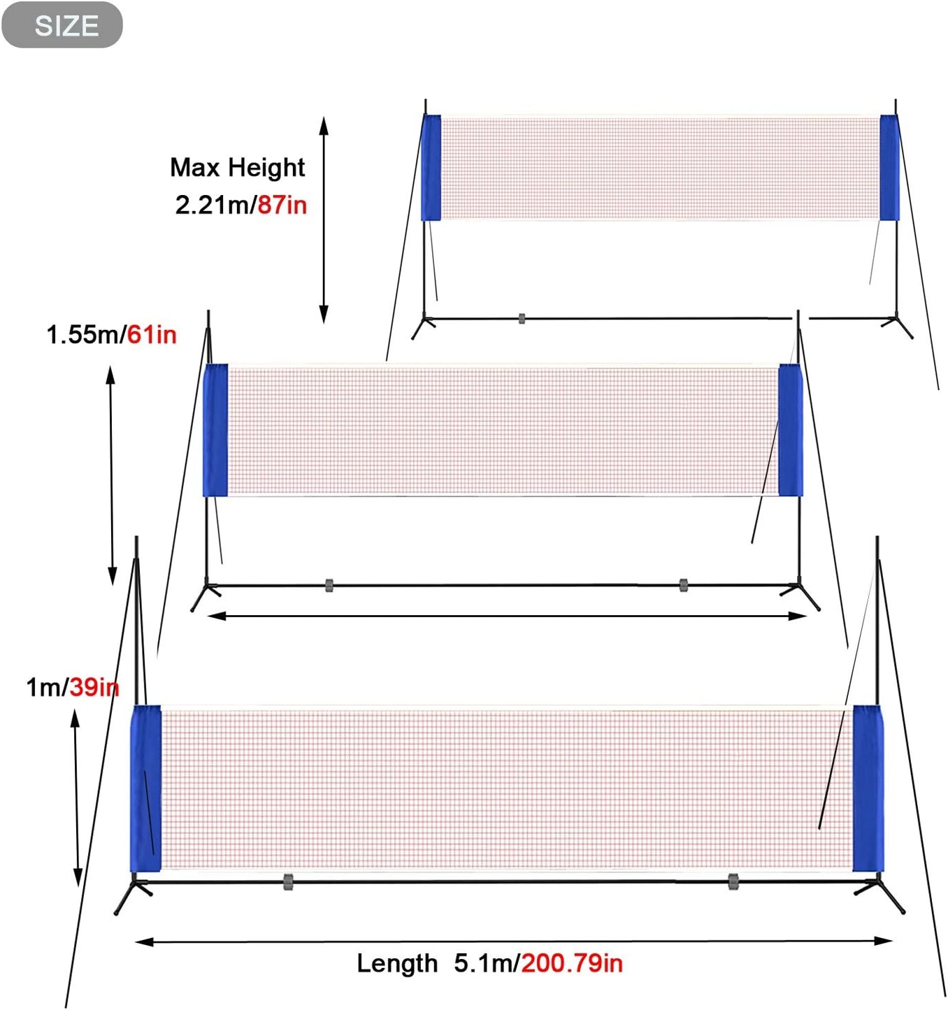Portable Height Adjustable Badminton Volleyball Tennis Net Set Multi-Purpose Sports Equipment with Poles Stand and Carry Bag for Kids Adult Outdoor Exercise