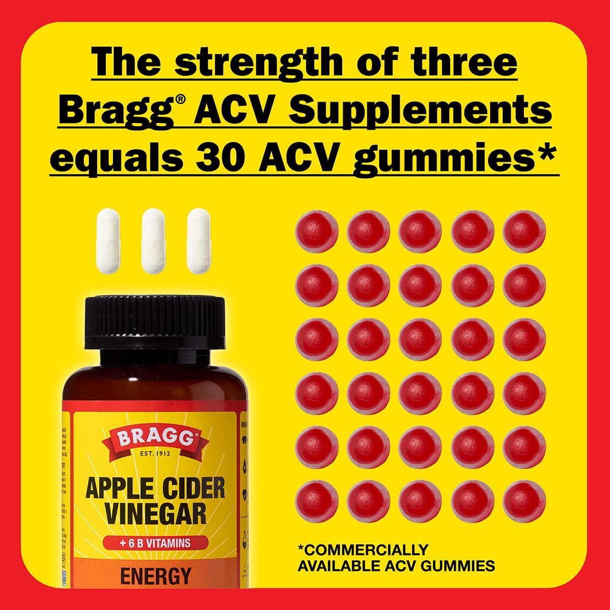 Bragg Energy Apple Cider Vinegar Capsules with B-12 Vitamins - 90 Capsules (2 Pack) – Weight Management - Non-GMO, Vegan, Gluten Free - Helps Generate Energy at Cellular Level for Men and Women