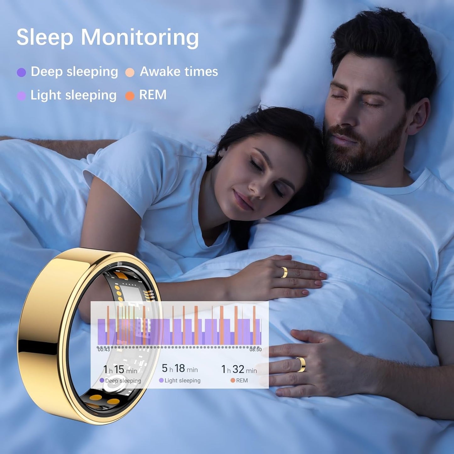 Ring Health Tracker for Women Men, Fit Ring with Heart Rate, Blood Oxygen, Sleep Monitor, Calories, Step Counter, IP68 Waterproof Smart Ring for iPhone & Android, No Subscription Fee (Gold, 8#)