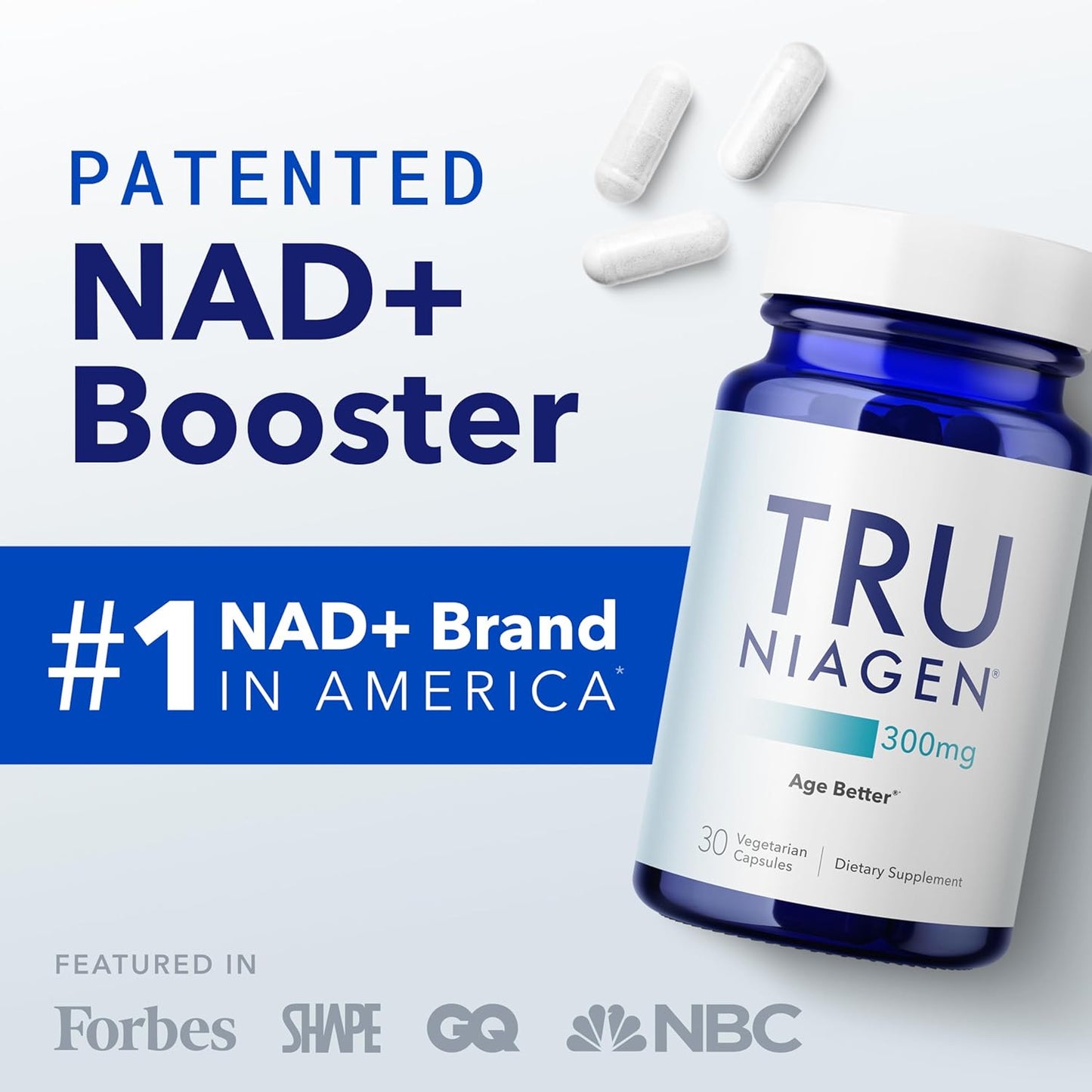 TRU NIAGEN Patented NAD Supplement for Anti Aging and Cell Regeneration, 300mg Niagen, 30 Servings | Supports Cellular Energy, Brain, Muscle | Nicotinamide Riboside (NR) Take 1 Daily | 2 Bottles