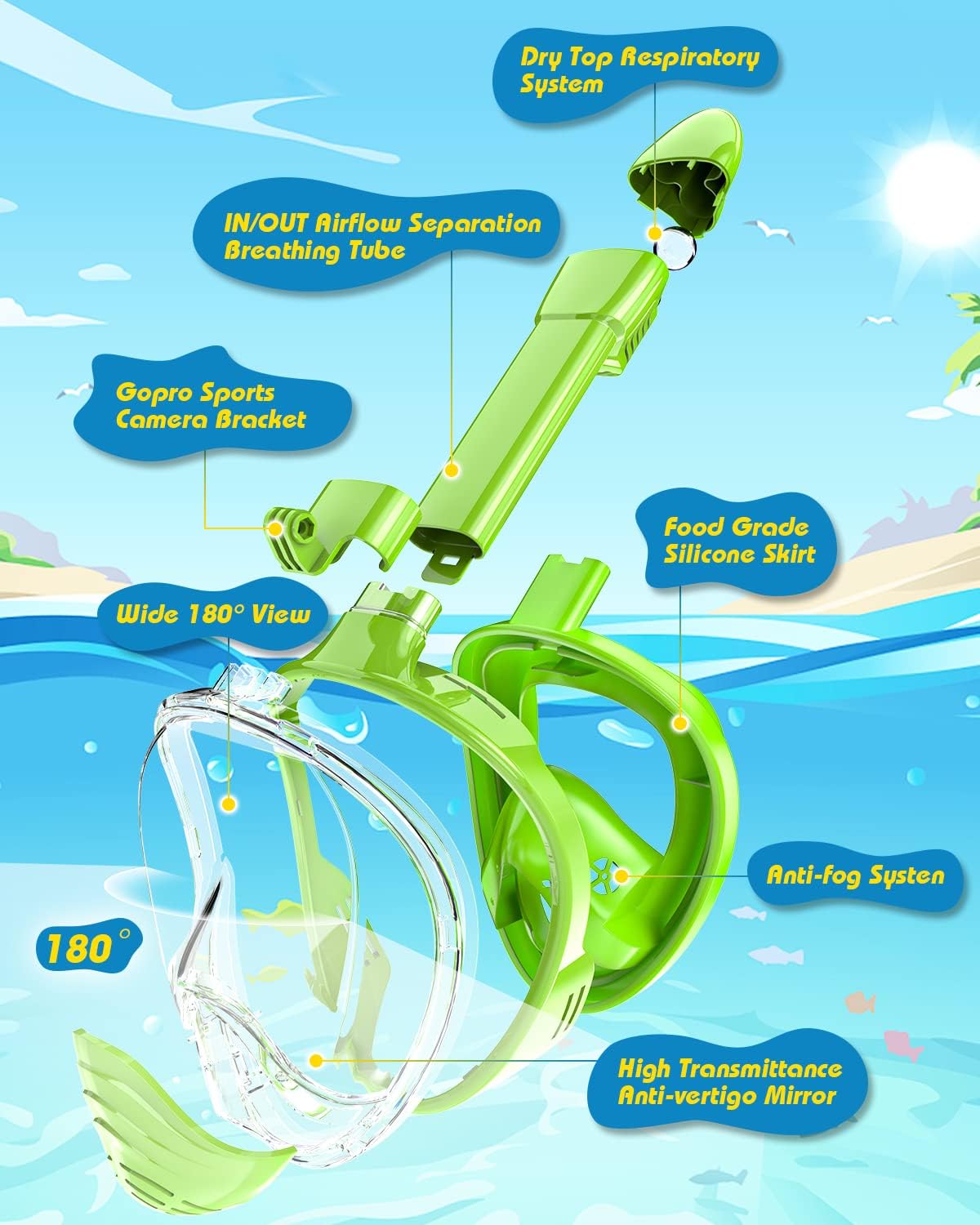 QingSong Kids Snorkel Mask Full Face, Snorkeling Set with Camera Mount, Foldable 180 Degree Panoramic View Snorkeling Gear Anti-Fog Anti-Leak