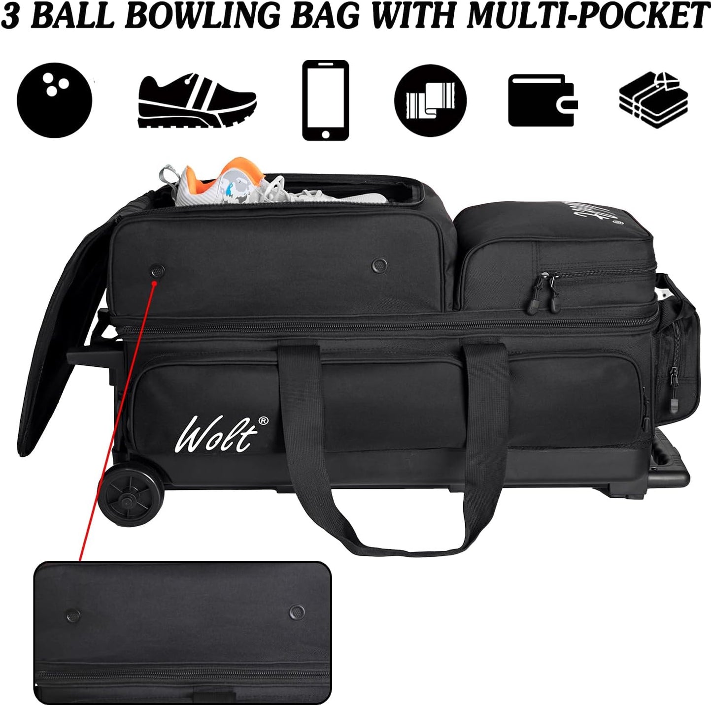 WOLT 3 Ball Bowling Bags with Wheels,Bowling Ball Bag 3 Ball Roller with Separate Shoe Compartment and Accessory Pocket, Retractable Handle Extends to 38’’