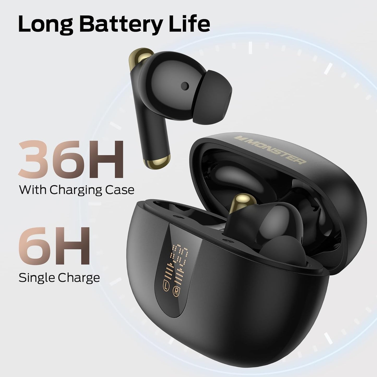 Monster N-Lite 211 Wireless Earbuds， Bluetooth 6.0 Stereo Headphones with Noise-Cancelling Mic and LED Display, Built-in Mic for Clear Calls, Waterproof Design for Sports