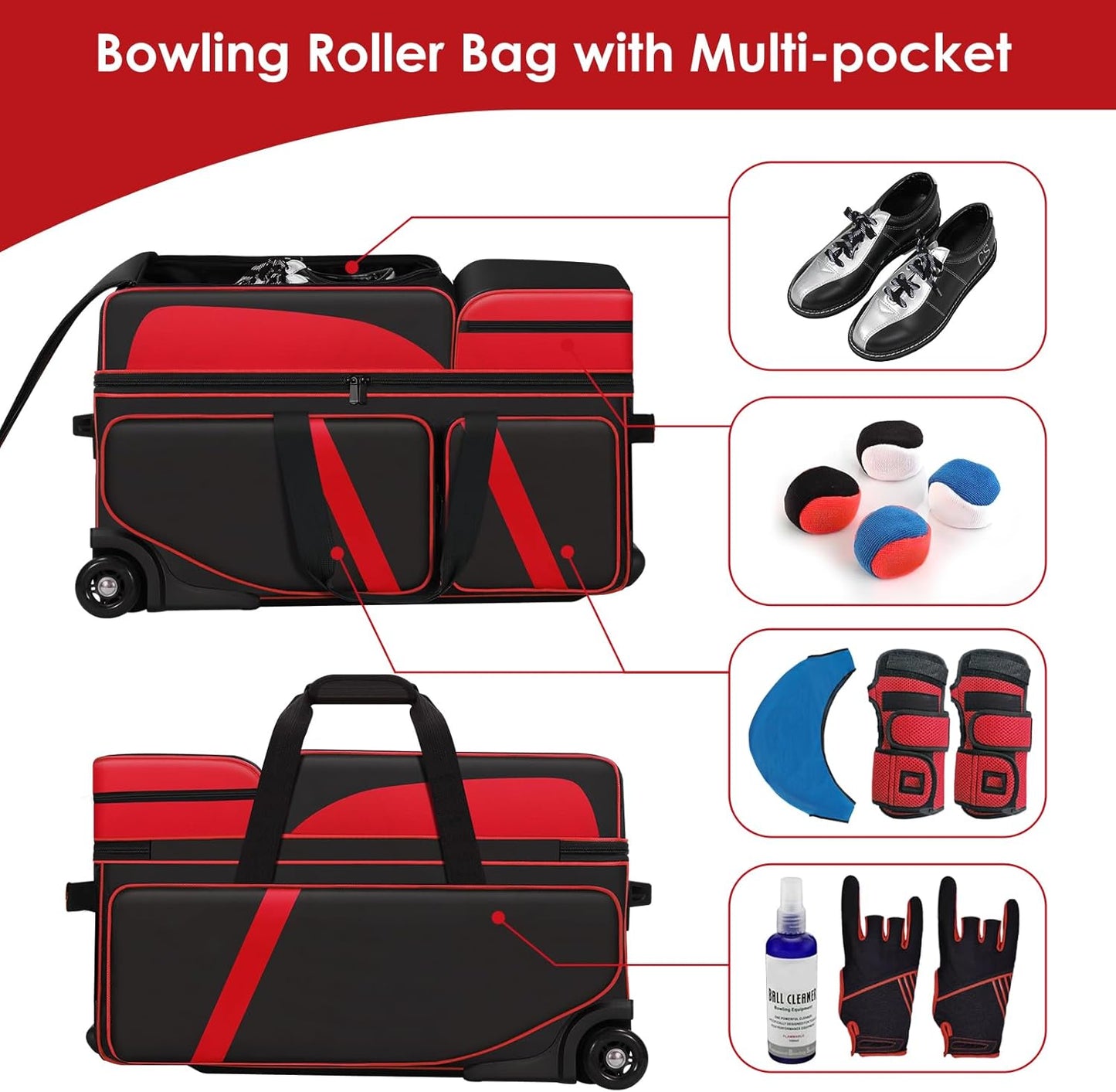 3 Ball Bowling Bag with Wheels, Bowling Bag 3 Ball Roller with Shoe Compartment (Fits Up to Size 16), with Multi-pocket and Retractable Handle Extends to 41.5"