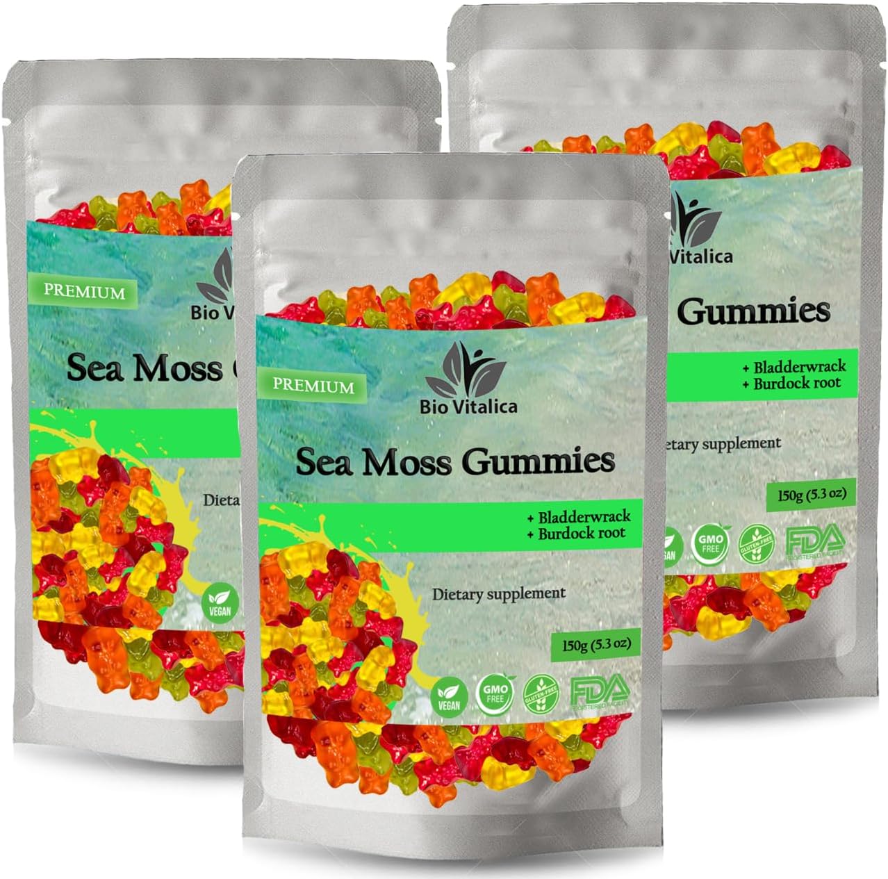 Sea Moss Gummies - Irish sea Moss raw Organic, Bladderwrack, Burdock Root. Contains Sea Moss Gel and Powder. Superfoods for Vegan, Keto and Dr Sebi Diet. Immune Boosting (3, Original)