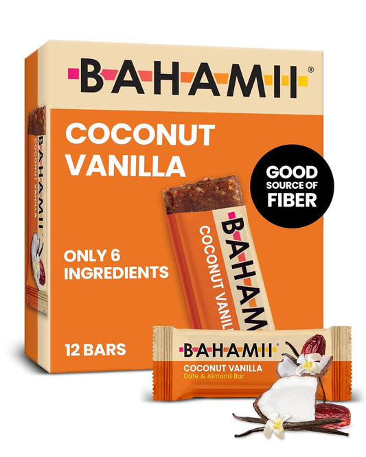 Bahamii Almond Nut & Date Bars - Coconut Vanilla, 12 Pack, Only 6 Ingredients, Soft & Delicious Snack Bar with Almonds, Dates, Organic Coconut, Vanilla, Sea Salt, Diabetic Snacks, Gluten Free, Vegan