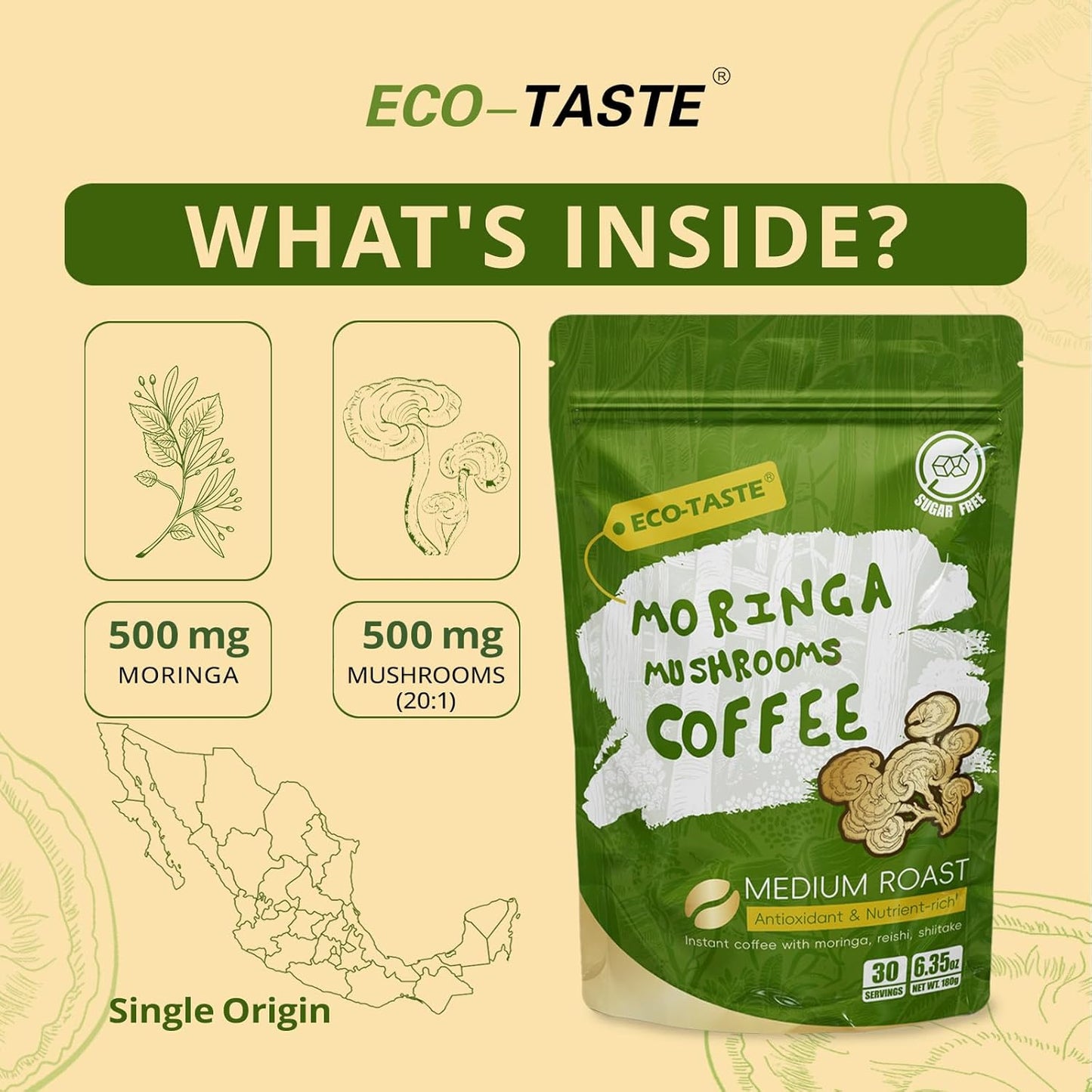 Moringa Mushroom Coffee Infused with Reishi, Moringa & Shiitake - 30% Beta-Glucans, Nutrient-rich and Antioxidants - 6.35oz (180g)