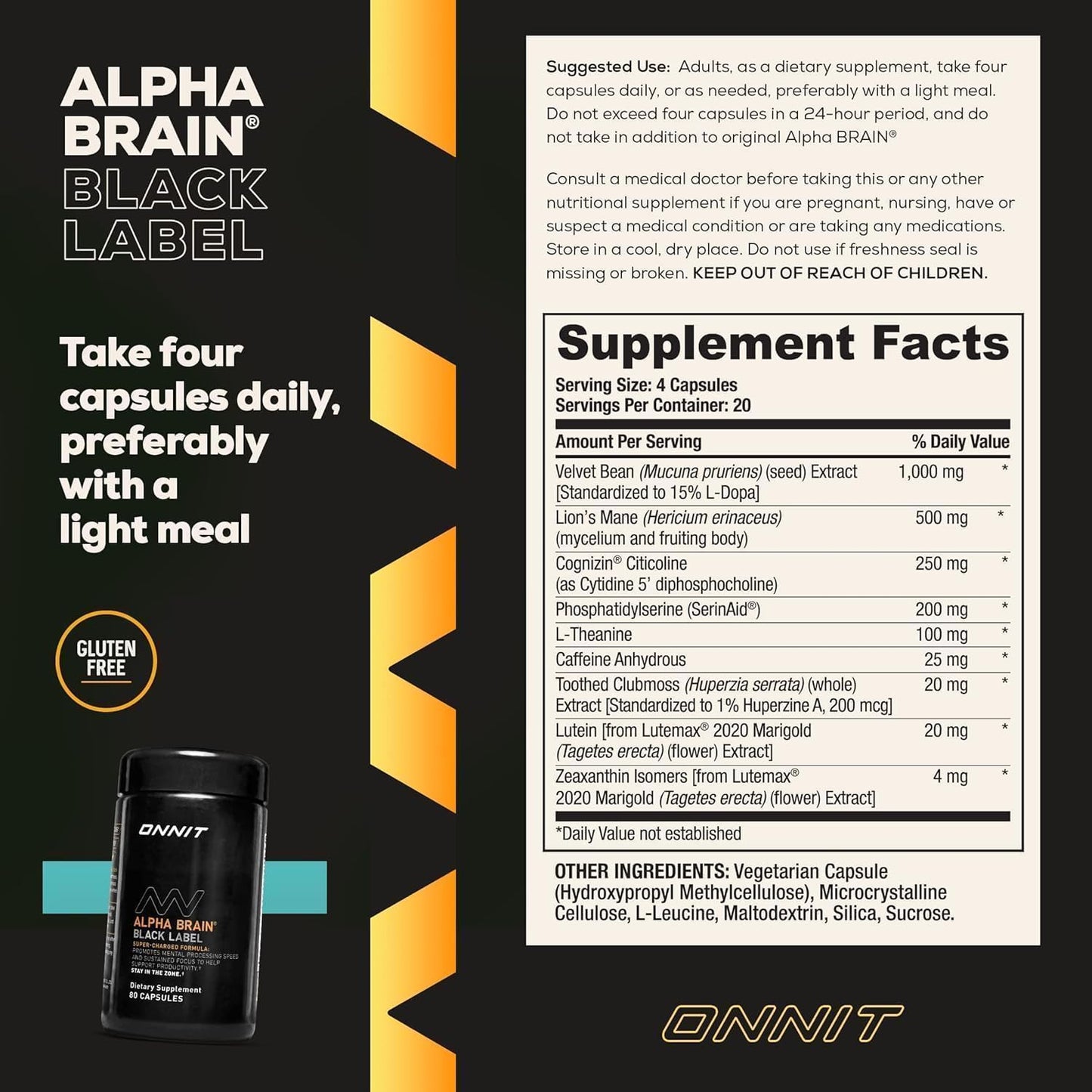ONNIT Alpha Brain Black Label Capsule (80ct) Premium Citicoline Brain Supplement - Focus, Concentration & Memory - Lion's Mane, Hericium Erinaceus, L Theanine & Mucuna Pruriens