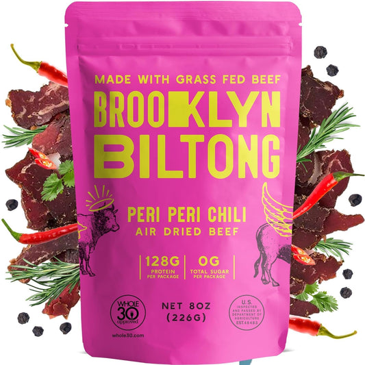 Brooklyn Biltong Air Dried Grass Fed Beef Snack, South African Beef Jerky (8 oz, Pack of 1) - Whole30 Approved, Paleo, Keto, Gluten Free, Sugar Free, Made in USA - (Peri Peri)