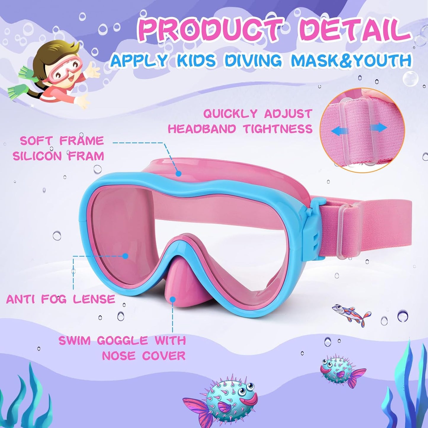 Kids Swim Goggles with Nose Cover, Anti-Leak Swim Mask with Elastic Fabric Strap, UV Protection Swimming Goggles for Kids