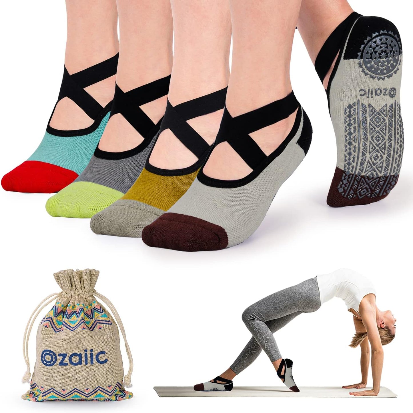 Ozaiic Yoga Socks for Women Non-Slip Grips & Straps, Ideal for Pilates, Pure Barre, Ballet, Dance, Barefoot Workout