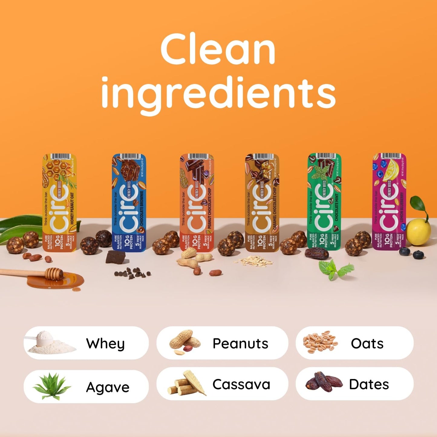 CirC Energy Bites - 12 Pack Peanut Chocolate Chip Gluten Free Protein Balls - 10g Protein, Whole Grains, Nuts & Fruit - Portable Healthy Snacks for Adults & Kids, 5 Piece Resealable Packs