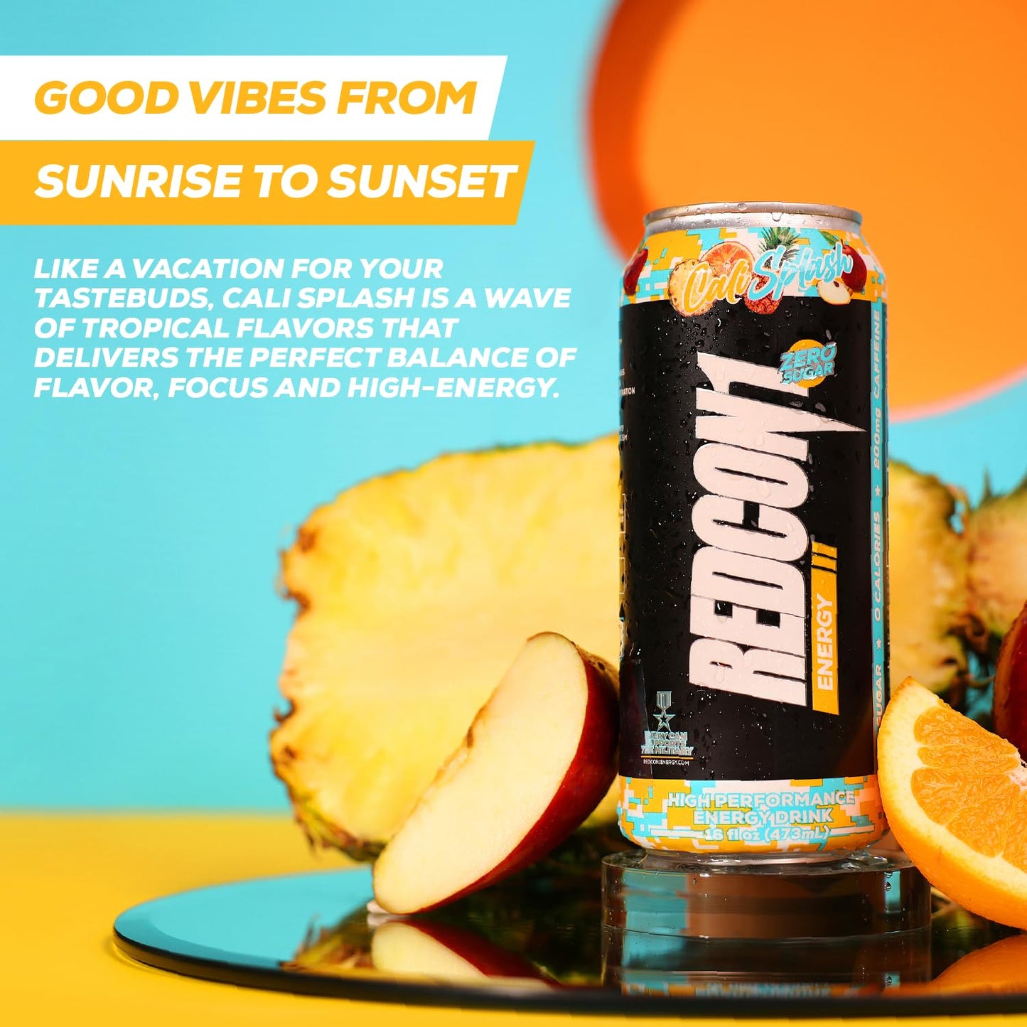 REDCON1 Energy High Performance Drink, Cali Splash - Zero Sugar Energy Drink with Alpha GPC Nootropic - 200mg of Natural Caffeine from Green Coffee Beans - Vitamin B6, B12 & B5 to Boost Mood (12 ct)