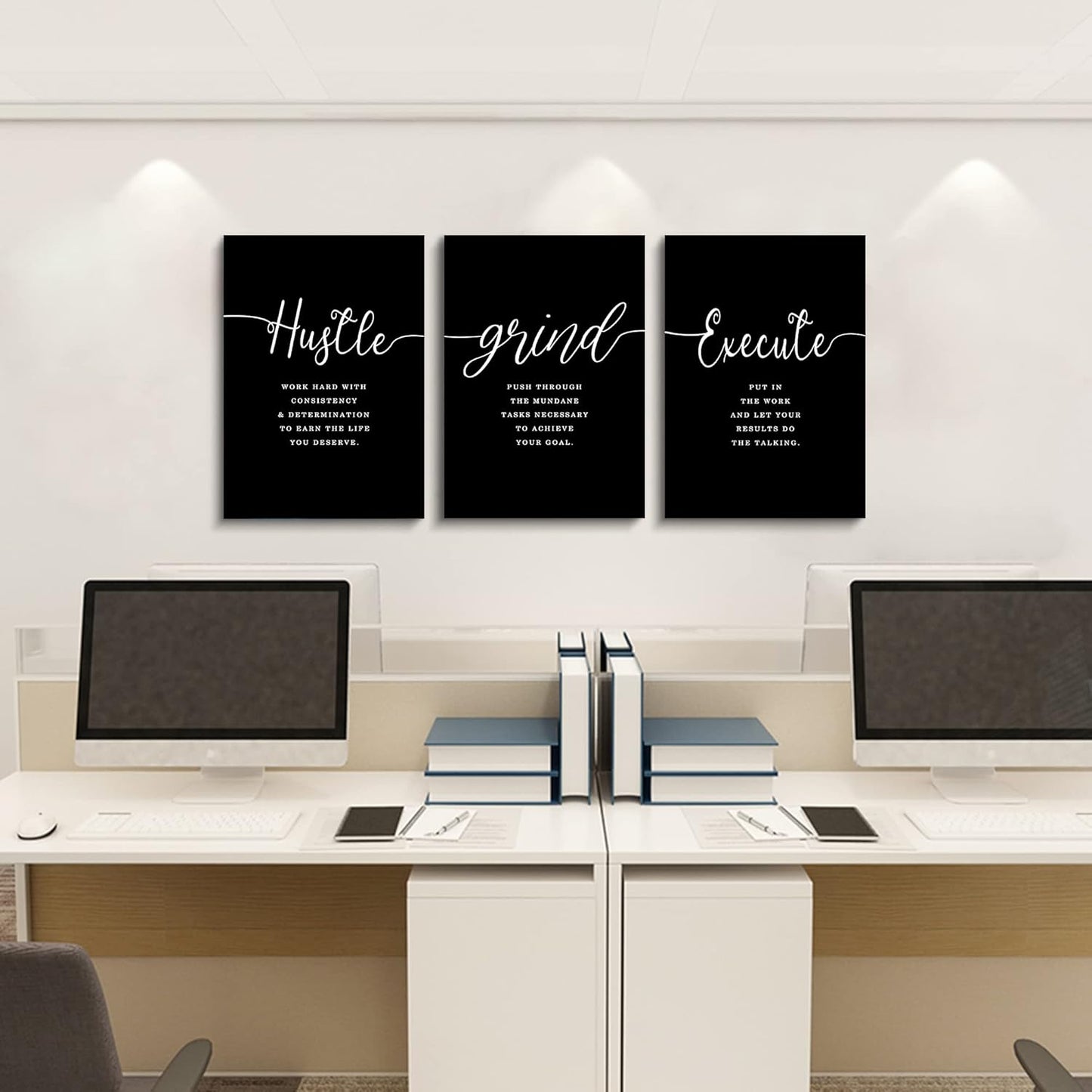 Office Decor - Hustle Quotes Execute Prints, Framed Canvas Wall Art Grind Quote, Office Wall Art, Black Large Poster, Positive MotivationalPrints, Inspirational Print (F-3pcs,12x16inchx3pcs)