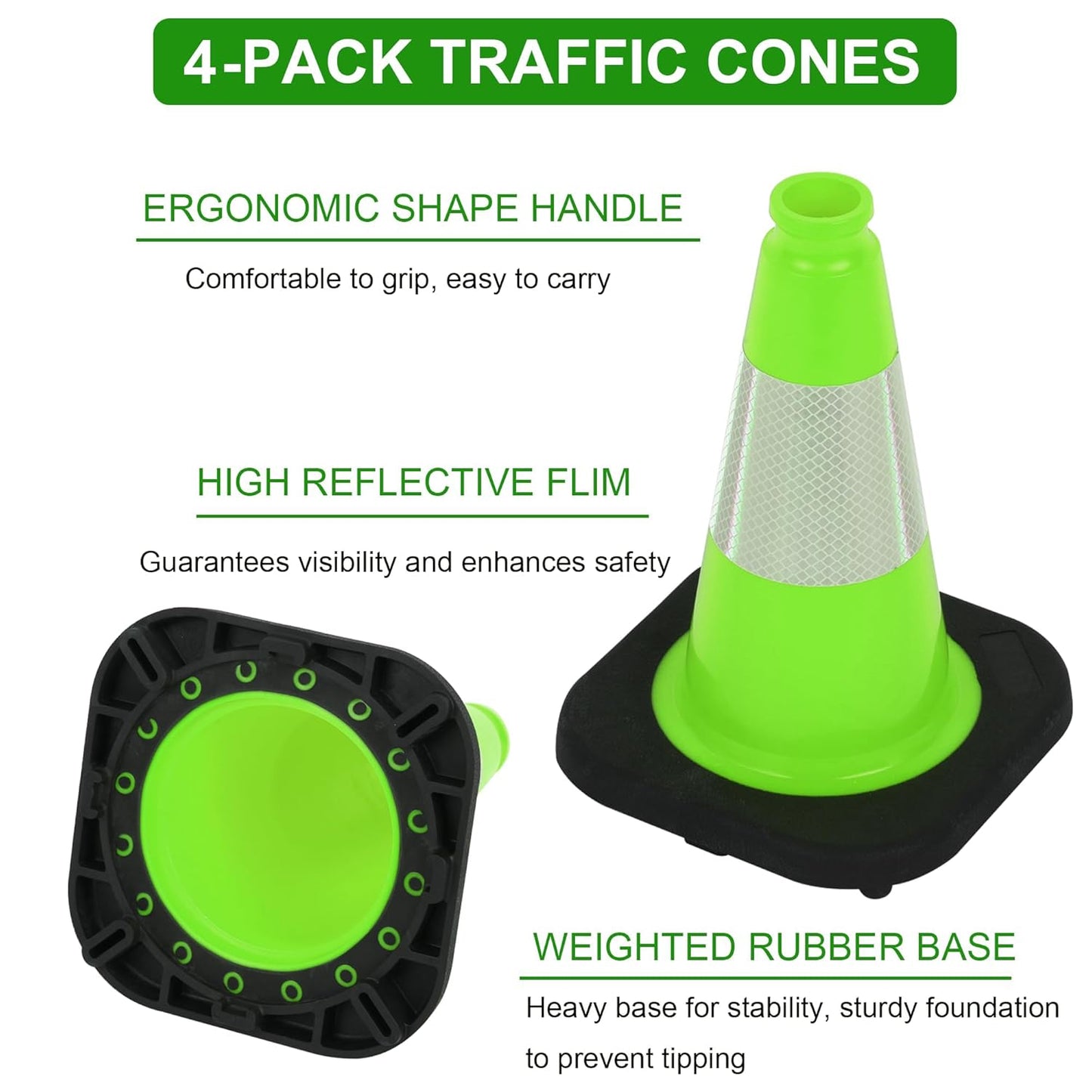 OrangeStar 12" Traffic Cones 4-Pack, Green Safety Cones with Reflective Collar & Heavy Duty Base for Driving Practice, Parking Lots, Roadwork, Construction | Indoor & Outdoor Use