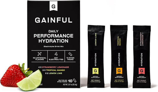 Gainful Hydration Packets Variety Pack, Decaffeinated with Key Electrolytes, Magnesium and Sodium, Energy Support, Low Sugar, 10 Sticks