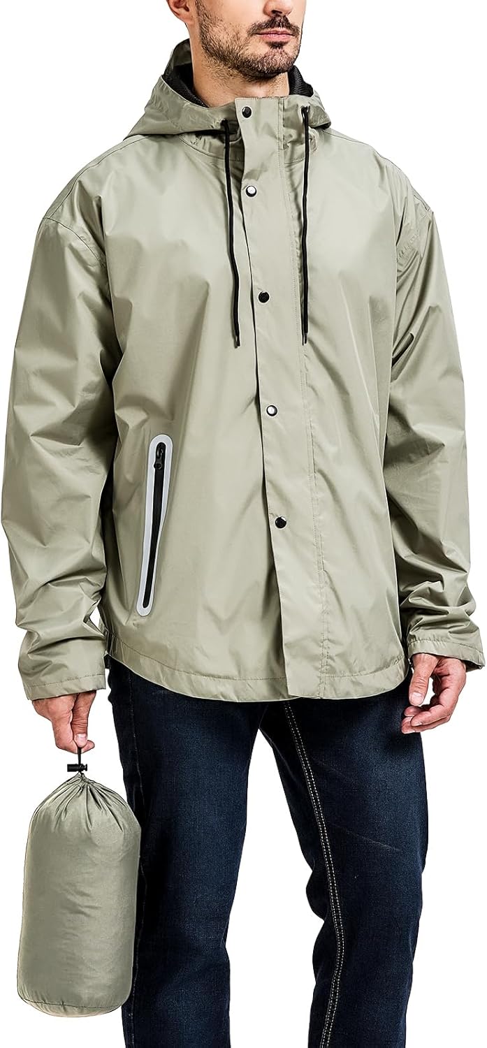 Men's Packable Rain Jacket Waterproof Outdoor Classic Lightweight Raincoat Hooded Windbreaker