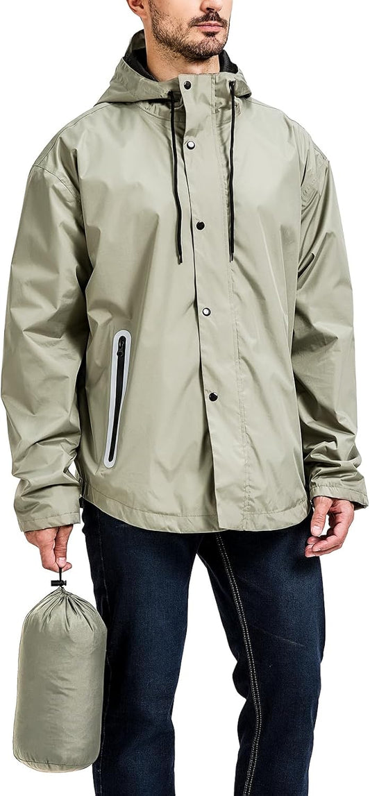 Men's Packable Rain Jacket Waterproof Outdoor Classic Lightweight Raincoat Hooded Windbreaker