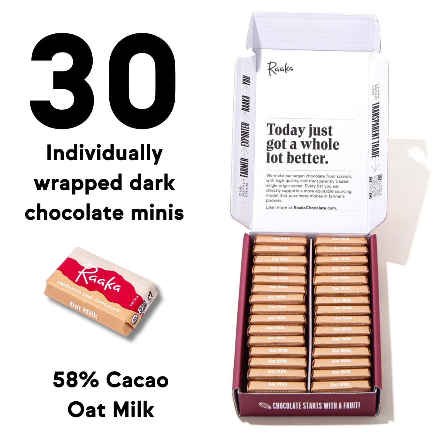 Raaka Oat Milk Chocolate Gift Box | 58% Cacao Vegan Milk Chocolate | Organic, Vegan, Gluten Free | Box of 30 Individually Wrapped Chocolates