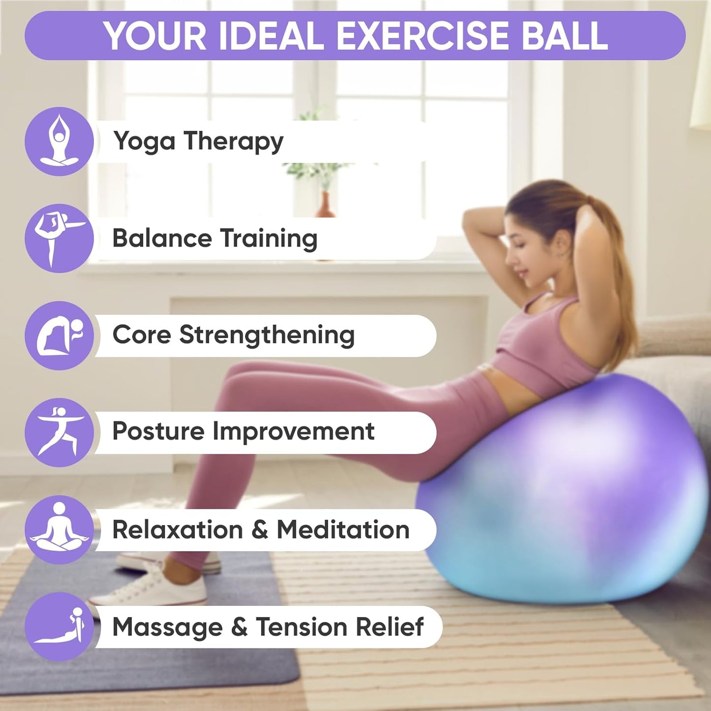 APEXUP Yoga & Pilates Ball - Anti Slip Heavy Duty Gym Ball for Fitness, Balance & Core Workout