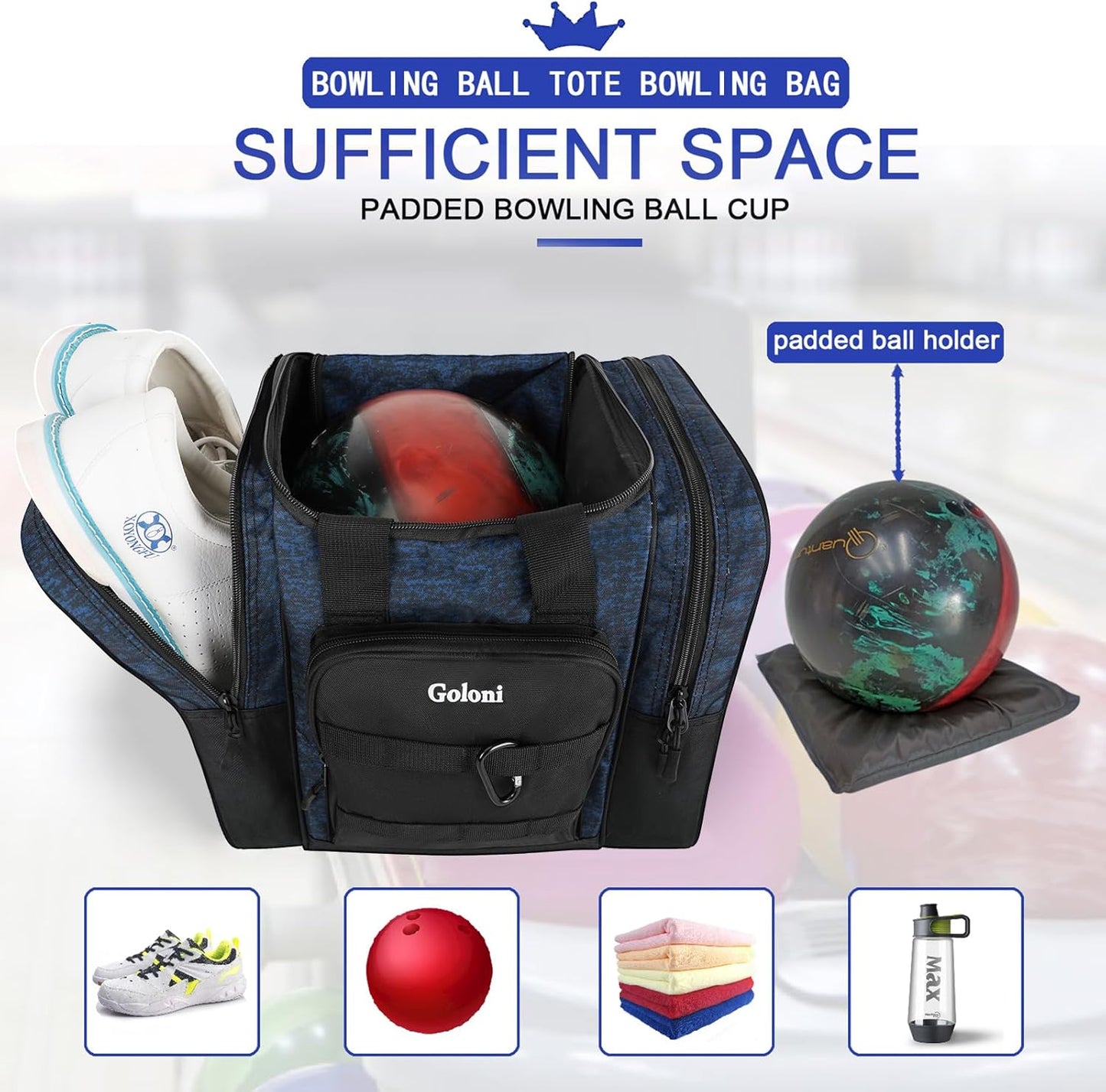 Goloni Bowling Ball Bag for Singer Ball with Padded Ball Holder, 2 Pockets fit Bowling Shoes Up to Mens Size 14 and Accessories