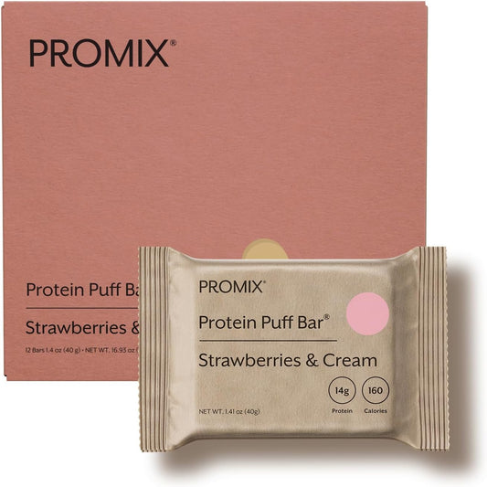 ProMix Nutrition Whey Protein Isolate Puff Bar, Low Carb Healthy Snack with Egg Whites - Grass Fed,Gluten Free, Low Sugar, Soy Free (Strawberries & Cream) - 12 Bars