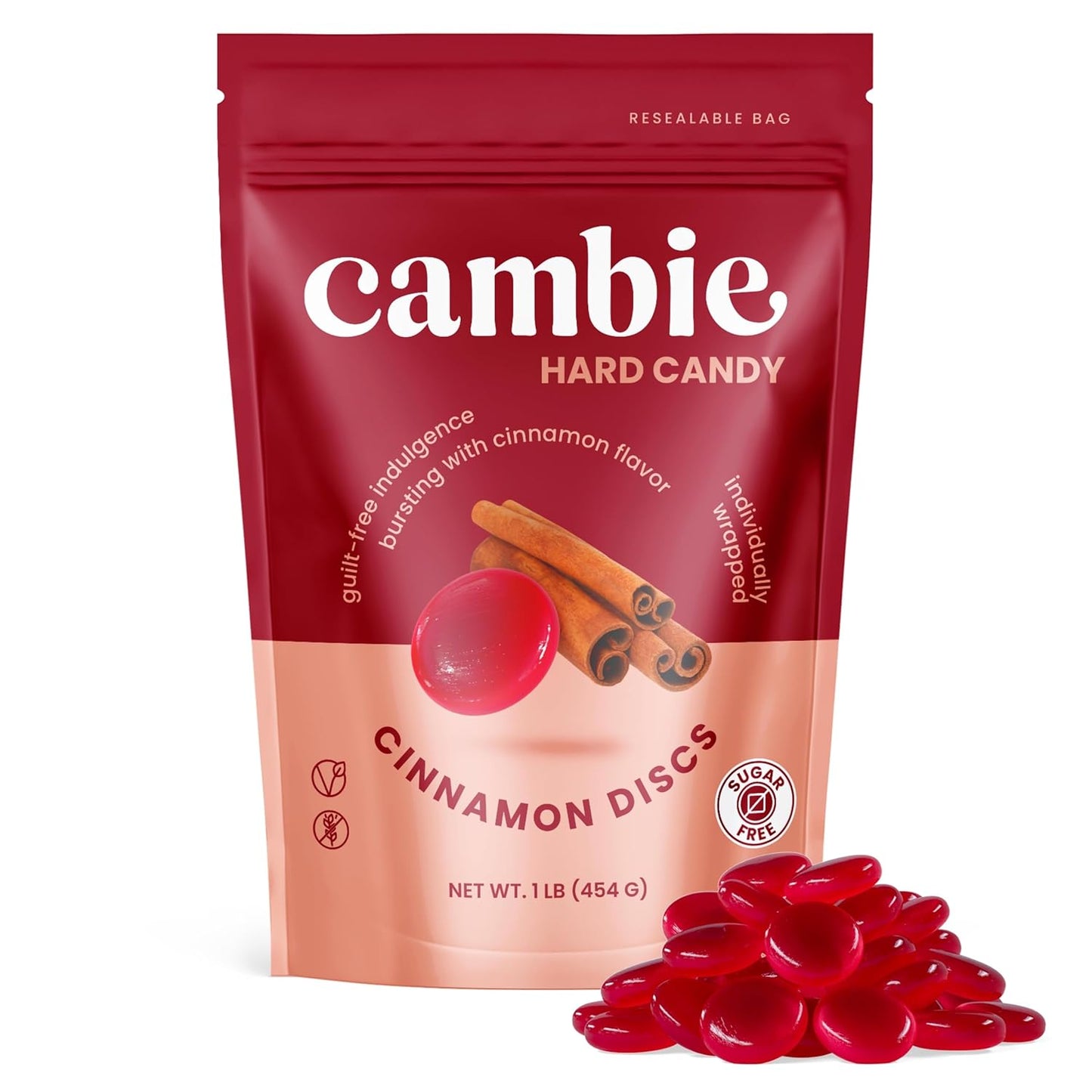 Cambie Sugar Free Cinnamon Hard Candy, 1 lb of Sugar Free Hard Candy, Individually Wrapped Cinnamon Discs, Fiery & Sweet Flavor packaged in a Resealable Pouch
