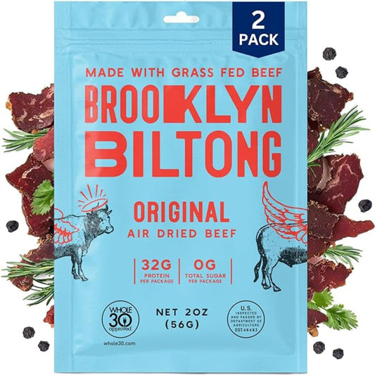 Brooklyn Biltong Air Dried Grass Fed Beef Snack, South African Beef Jerky (2 oz, Pack of 2) - Whole30 Approved, Paleo, Keto, Gluten Free, Sugar Free, Made in USA - (Original)