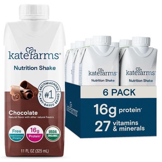KATE FARMS Organic Nutrition Shake, Chocolate, 16g protein, 27 Vitamins and Minerals, Protein Meal Replacement Drink, Plant Based, 11 oz (6 Pack)
