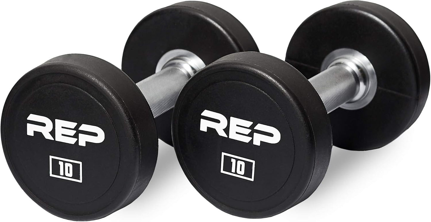 REP Fitness Urethane Coated Round Dumbbells, 5 to 100 lbs, Singles or Pairs, With or Without Rack, Steel Core, Rubber Encased, Chrome Handles, Professional Weights for Home Gym Strength Training