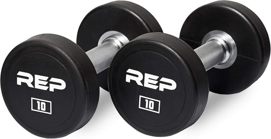 REP Fitness Urethane Coated Round Dumbbells, 5 to 100 lbs, Singles or Pairs, With or Without Rack, Steel Core, Rubber Encased, Chrome Handles, Professional Weights for Home Gym Strength Training