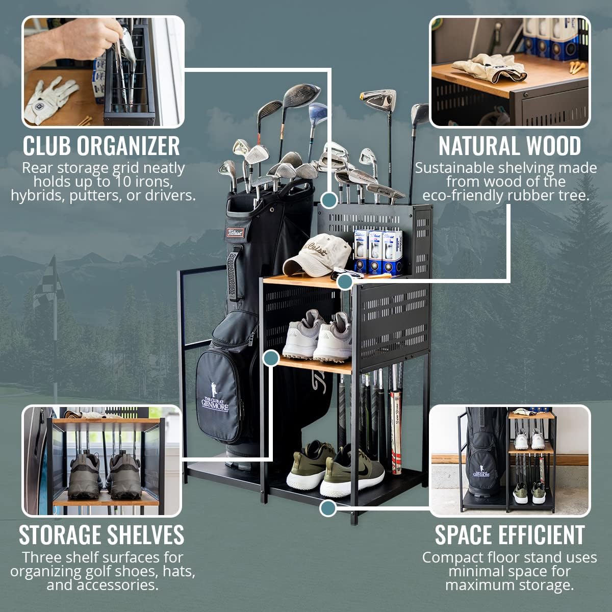 Teal Triangle Golf Storage Organizer, Heavy Duty Garage Freestanding Storage, Holds Golf Clubs, Bags, Golf Accessories, Golf Gifts for Men