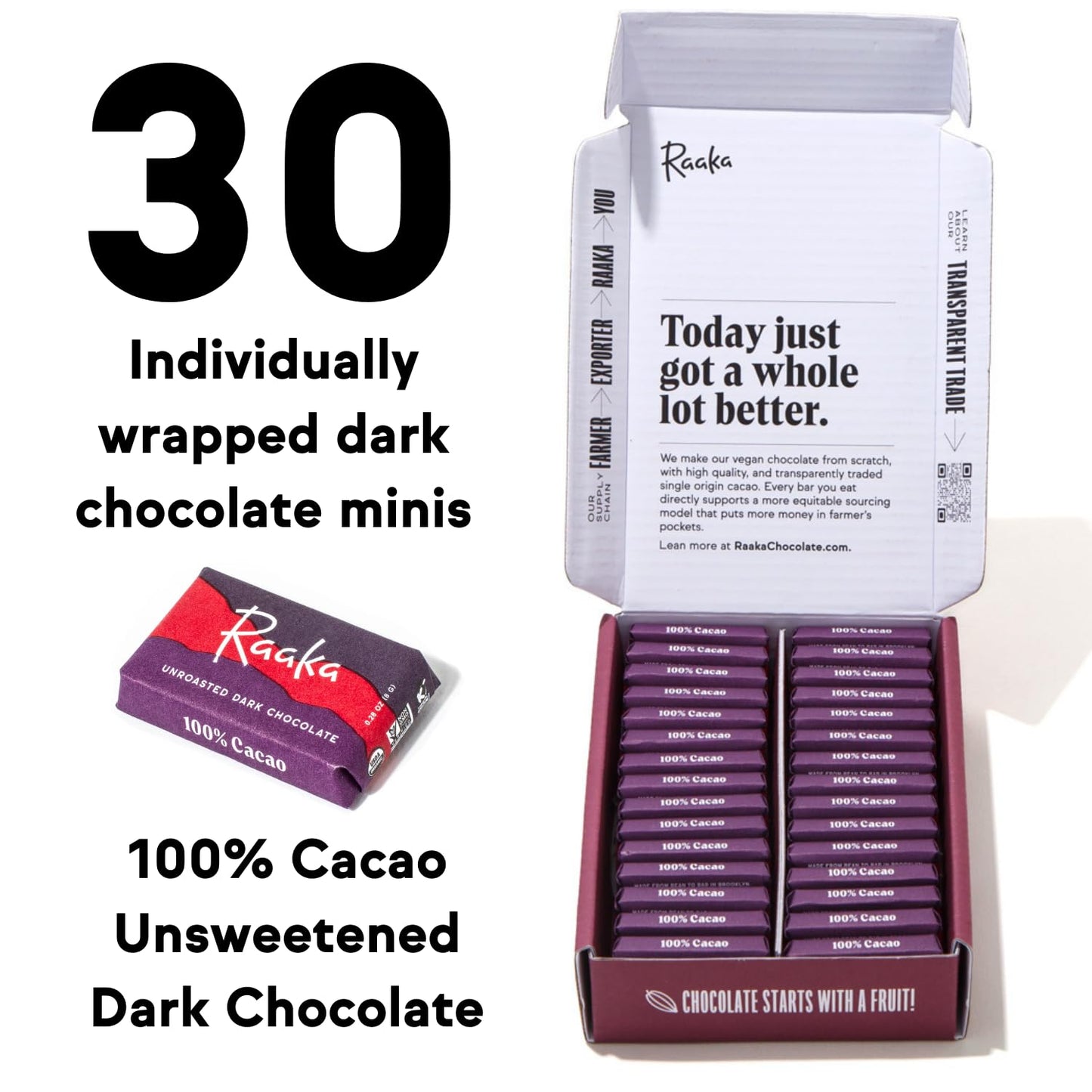 Raaka 100% Dark Chocolate Mini Bars | Unsweetened, Bitter, No Added Sugar or Artificial Sweeteners | Organic, Vegan, Gluten Free, Paleo, Kosher | Box of 30 Individually Wrapped Chocolates