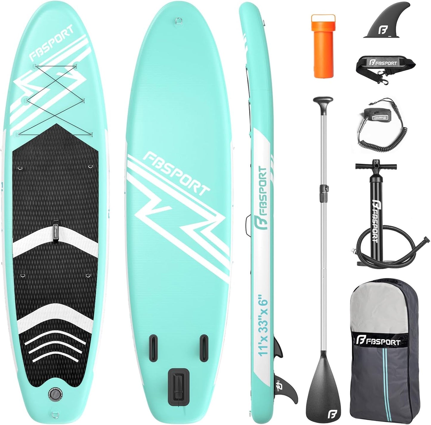 FBSPORT 11' Premium Stand Up Paddle Board, Yoga Board with Durable SUP Accessories & Carry Bag | Wide Stance, Surf Control, Non-Slip Deck, Leash, Paddle and Pump for Youth & Adult