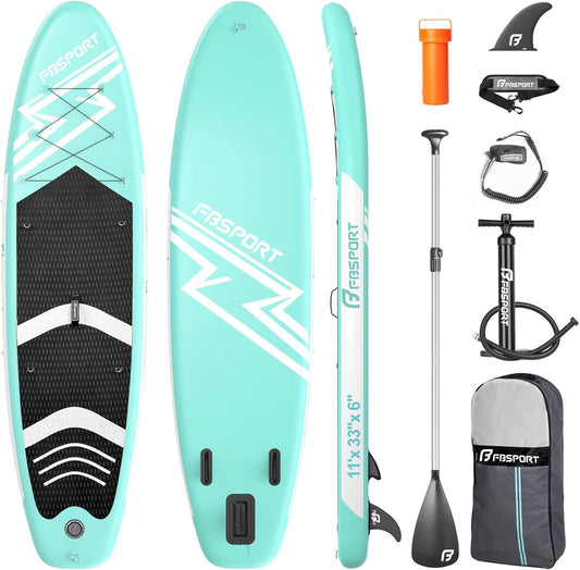 FBSPORT 11' Premium Stand Up Paddle Board, Yoga Board with Durable SUP Accessories & Carry Bag | Wide Stance, Surf Control, Non-Slip Deck, Leash, Paddle and Pump for Youth & Adult