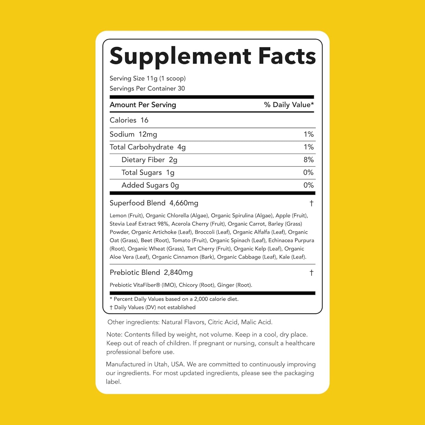 Clean Simple Eats Super Greens Powder, Naturally Flavored Greens Powder with Chlorella, Spirulina, Superfoods & Prebiotic Fiber, No Artificial Ingredients, Gluten Free, Sweet Lemon Flavor, 30 Servings