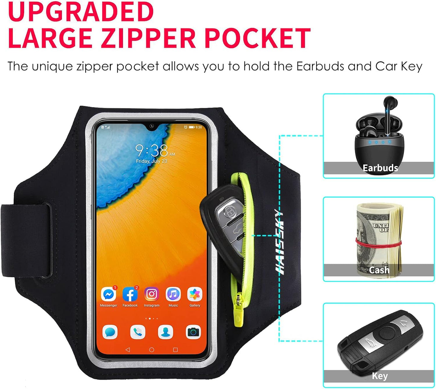 Running Armband with Earphone Bag Cell Phone Armband for iPhone 16 15 Pro 14 Plus 13 11 XR XS, Galaxy S24/S10 Water Resistant Sports Phone Holder Case & Zipper Slot Car Key Holder for 6.7 inch Phone