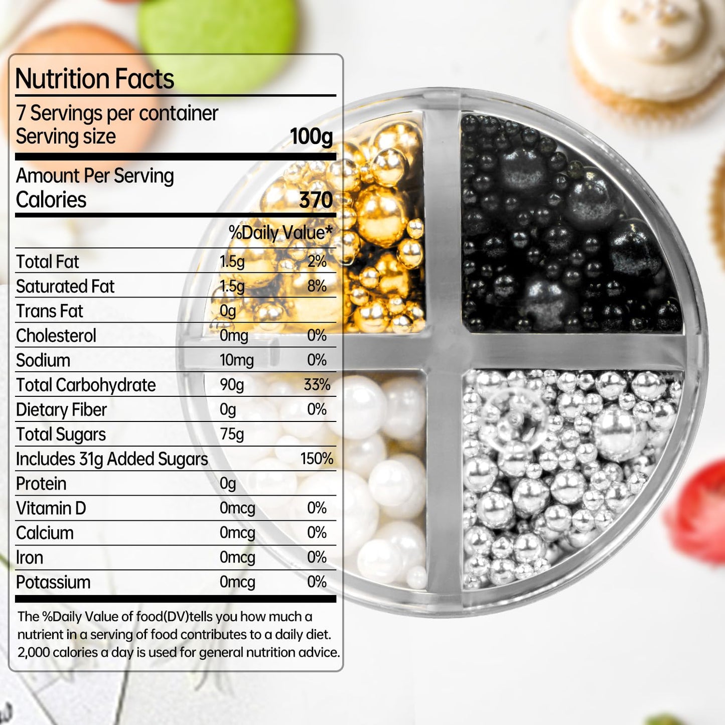 Edible Pearl Sugar Sprinkles for Cake Decorating, Mix 4 Colors Gold White Silver and Black Pearls Sprinkles for Cupcake, Cookie, Baking Cake Decorations, 160g/5.64oz, Holiday, Wedding Party Supplies