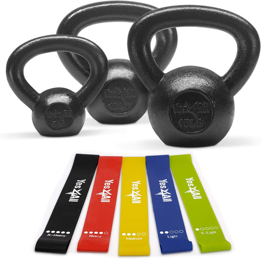 Yes4All Kettlebell Cast Iron Sets 5 - 10 - 15 - 20 - 25 - 30 lbs, Multi-Level from Beginners to Pros Kettlebell Set for Strength Training & Home Gym Equipment