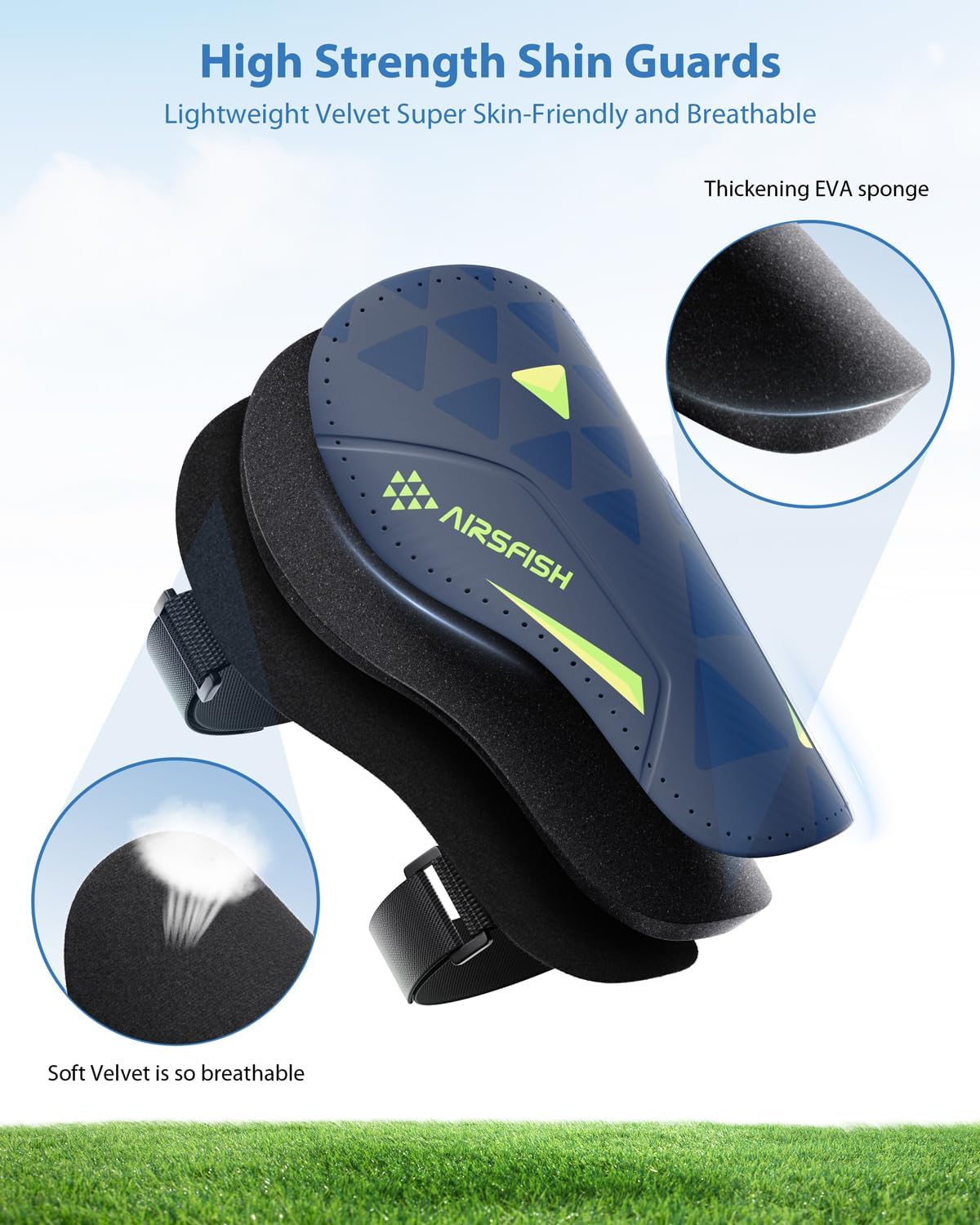 Shin Guards Soccer Kids Youth, CE Certified Airsfish Shin Guard Protection Gear for 2-18 Years Old Boys Girls Teenagers High Impact Resistant Breathable Comfortable 1 Pair 4 Sizes