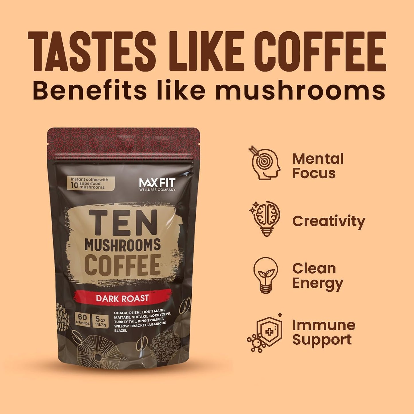 Instant Mushroom Coffee Dark Roast (60 Servings) With 10 Mushrooms (Lions Mane, Cordyceps, Turkey Tail & Other) Mixed With Gourmet 100% Arabica Instant Coffee for Focus & Gut Health Support