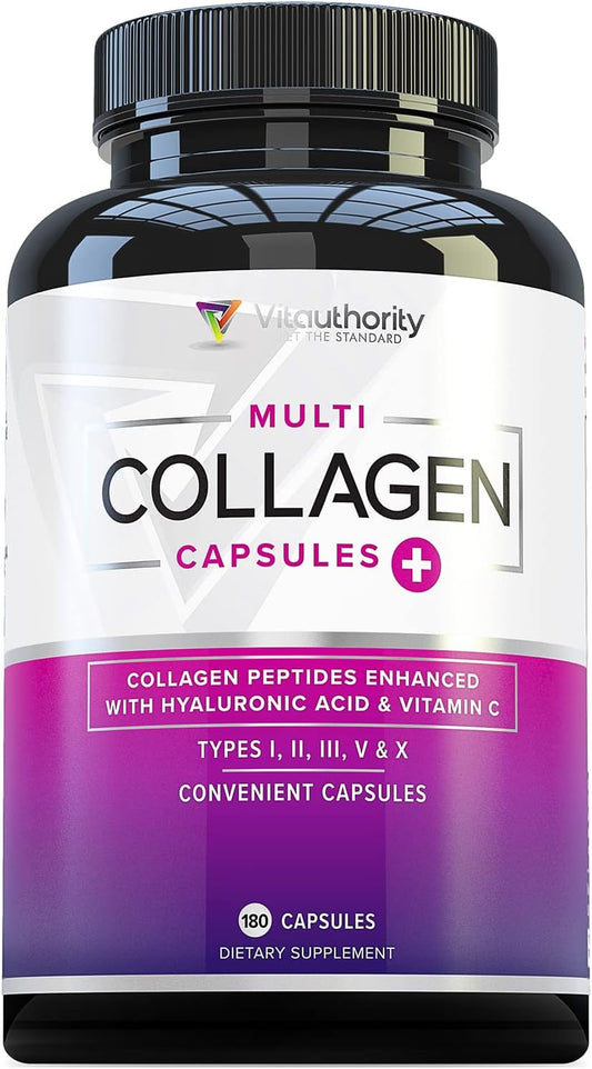 Multi Collagen Peptides Capsules for Women - Hydrolyzed Collagen for Women Pills with Types I II III V & X Plus Vitamin C & Hyaluronic Acid for Beautiful Hair Skin and Nails - 60 Servings