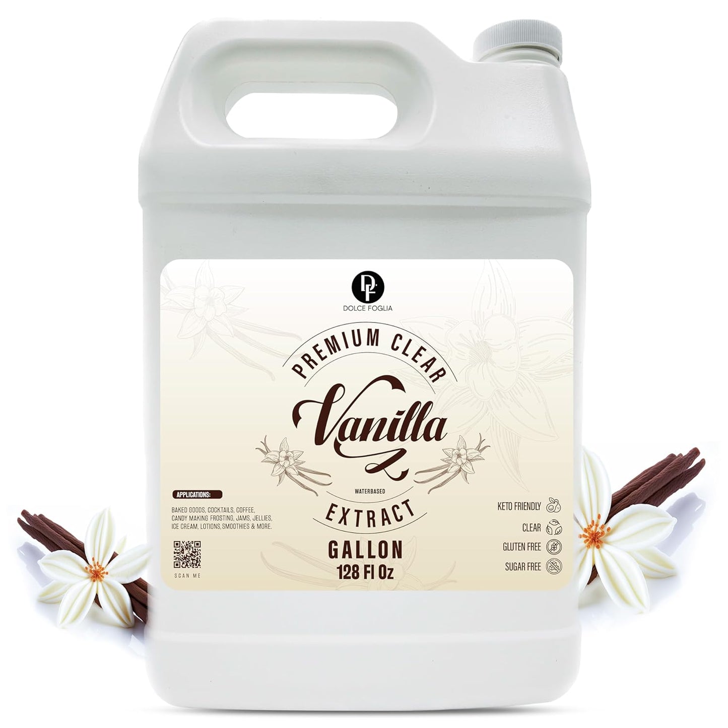 Dolce Flav Clear Double Strength Imitation Vanilla Extract - 1 Gallon - Gluten-Free, Keto-Friendly & Sugar-Free Vanilla Flavoring with Natural and Artificial Vanilla Flavor