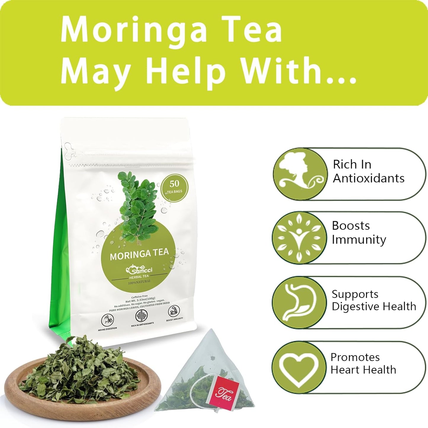 Samcci - Moringa Tea - 50 Tea Bags - Pure Moringa Leaves, Herbal Tea for Supporting Digestion & Immune System - Non-GMO - Vegan - Caffeine-Free - Natural Herbal