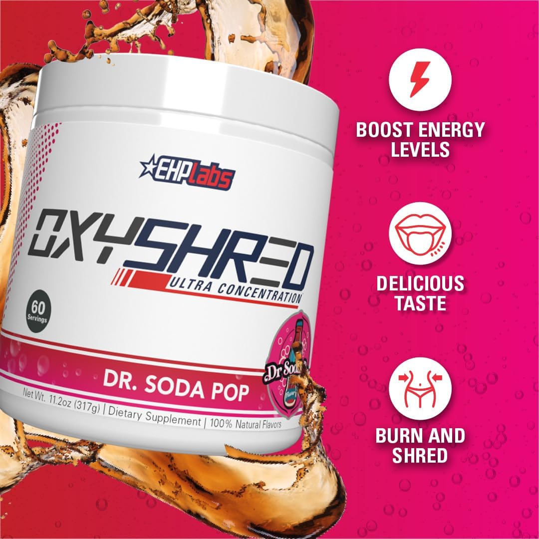 EHP Labs OxyShred Thermogenic Fat Burner - Pre-Workout Powder with L-Glutamine, Acetyl L-Carnitine, Metabolism Booster, Weight Loss, Appetite Control, Energy Drink, Dr. Soda Pop, 60 Servings